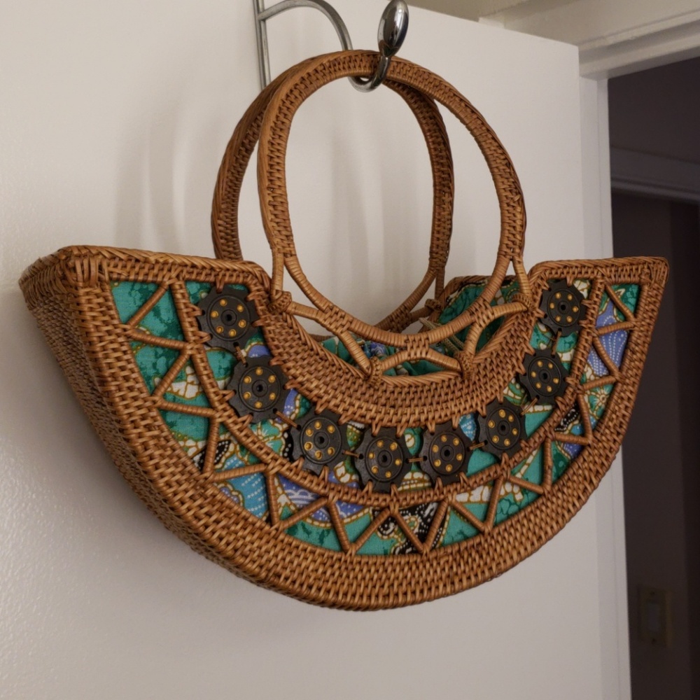 Bali inspired raffia half moon tote